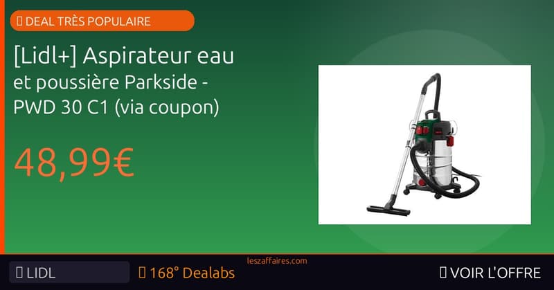 [Lidl+] Aspirateur eau et poussière Parkside - PWD 30 C1 (via coupon)